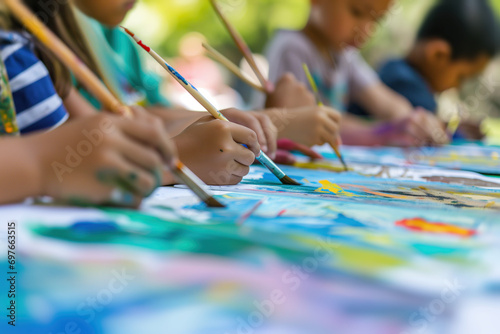 A diverse group of multiracial children exploring their creativity in a painting activity at a summer camp in a natural setting.