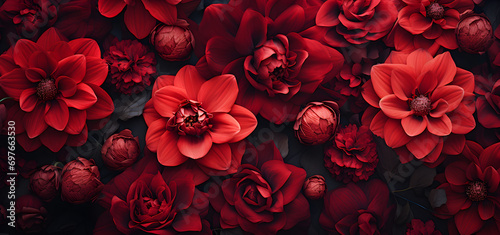 A close-up of beautiful red flowers blooming in flowerbeds against a dark, moody floral background, creating a photorealistic effect, #697663530
