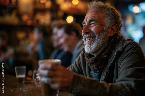 Older man with white hair smiling, is having a coffee inside a bar with more people around