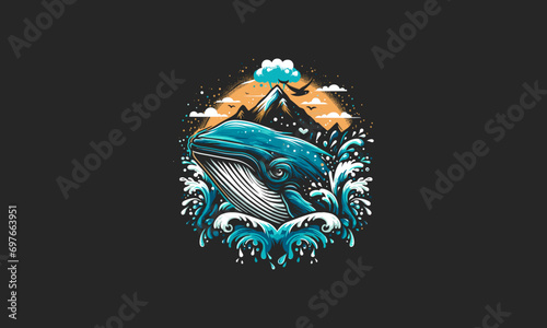 whale on sea and mountain vector artwork design
