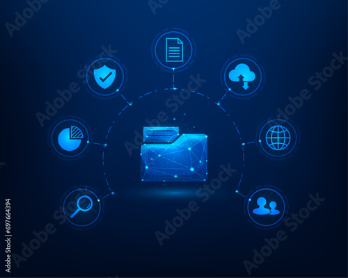 paper document data online digital technology on blue background. upload and download database. folder technology sarety.