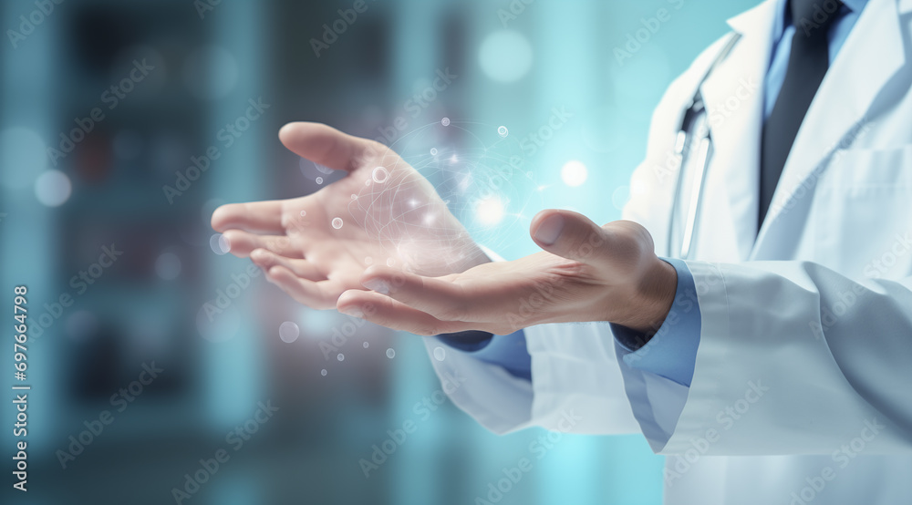 Hands of a doctor in a white coat and a hologram or health interface. Interactive, futuristic panel, icons and health app. Blurred background, health and technology. - obrazy, fototapety, plakaty 