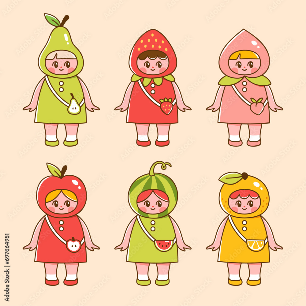 Cute girls wearing fruit costumes. Vector illustration of fruit and
