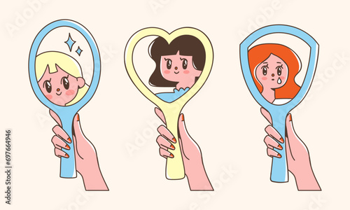 Cute girls looking at their reflections in mirrors. Vector illustration of self love and acceptance concept. Set of female hands holding mirrors. Hand drawn elements.