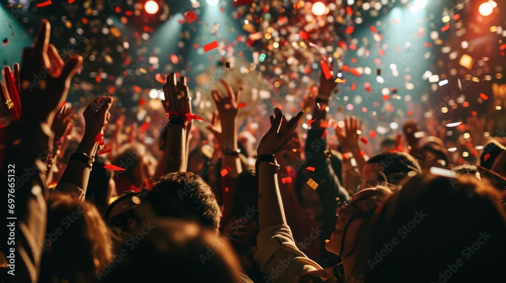 Crowd of people celebrating new year among confetti background