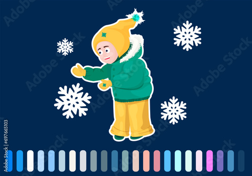 Children play different winter games. Boy and girl build snowman. Set of various kids in warm clothes.