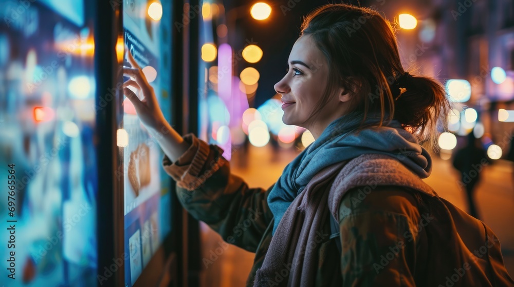 Young woman touching with finger sensitive screen of interactive kiosk for find information while standing on street in the night. - obrazy, fototapety, plakaty 
