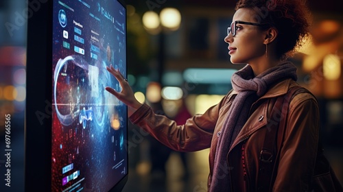 Young woman touching with finger sensitive screen of interactive kiosk for find information while standing on street in the night. photo