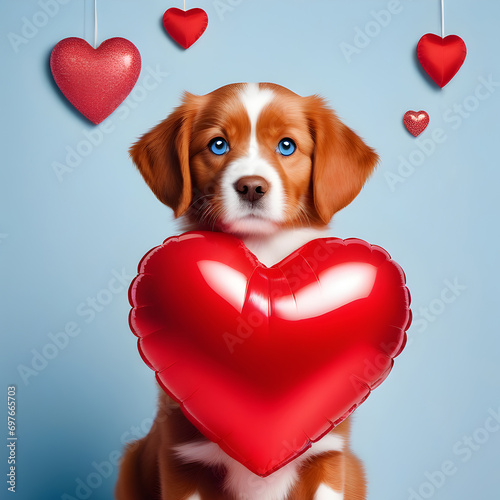 Funny ginger puppy with blue eyes and red air balloon in the shape of a heart on light blue background. Valentine\'s day with pet. Festive postcard.