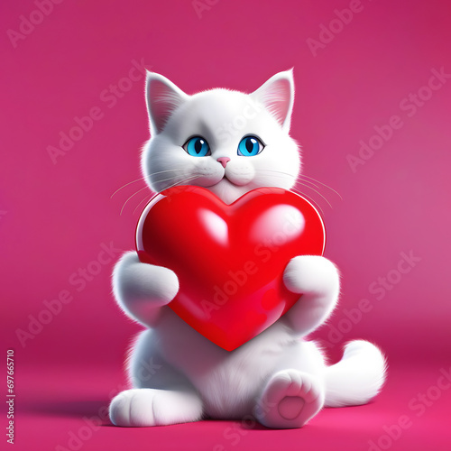 Funny white cat holds in its paws red air balloon in the shape of a heart on light pink background. Valentine's day with pet. Festive card. © svetlana_nsk
