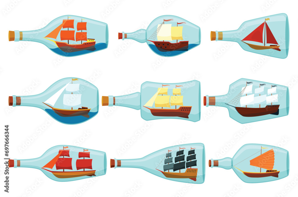 Ships in bottles. Set of glass with object inside. Miniature models of marine vessels. Hobby craft work and sea theme. Decorative marine souvenirs, sailing crafts