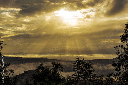 Natural wallpapers  mountains  morning light  fog  trees  scattered around  Lanscape background of fresh air and fresh air.