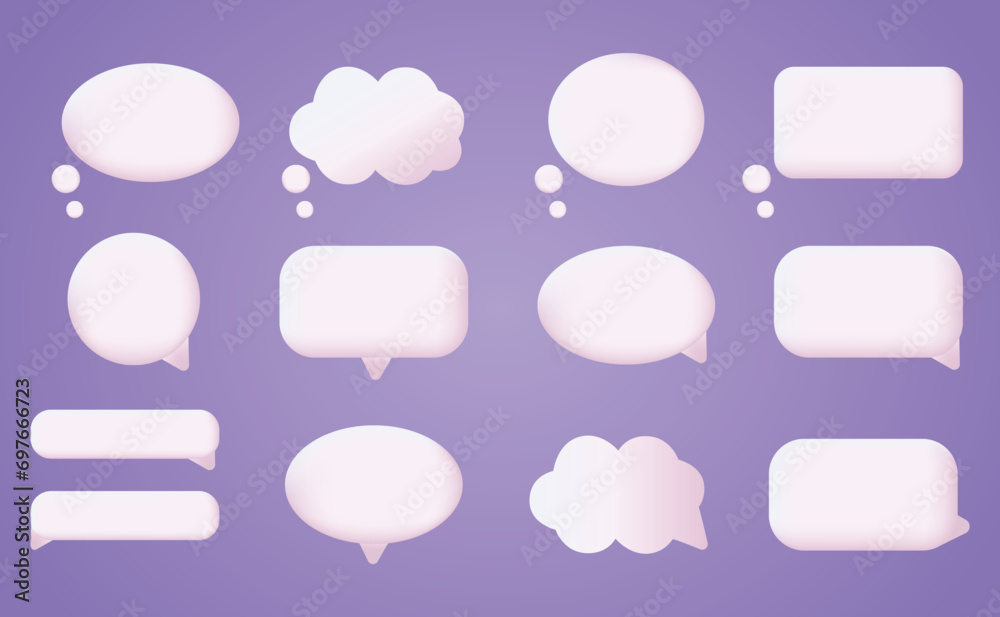3d white speech bubble, social media chat message icon. Empty text bubbles in various shapes, comment, dialogue balloon vector set. Thought clouds of different shape as rectangle, ellipse 3d white speech bubble, social media chat message icon. Empty text bubbles in various shapes, comment, dialogue balloon vector set. Thought clouds of different shape as rectangle, ellipse