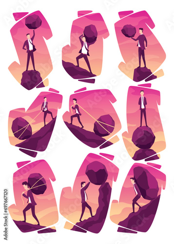 Businessmans with boulders vector illustration set. Stressed mans carry heavy stone on shoulder overwhelmed with problem or task. Crisis problem of business people, challenge, conquering concept