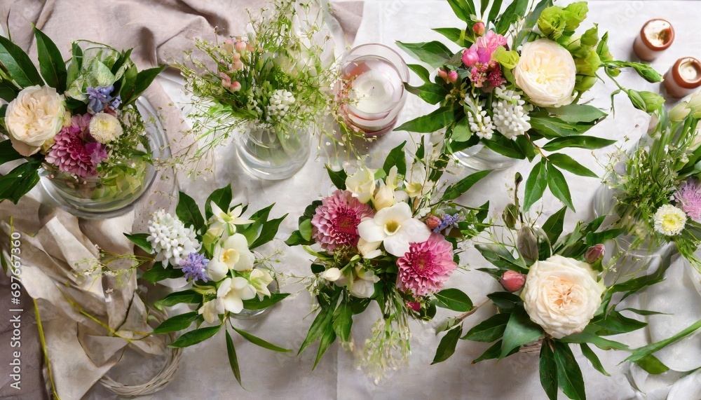 Beautiful spring flowers bouquets in glass vases on festive table Beautiful spring flowers bouquets in glass vases on festive table