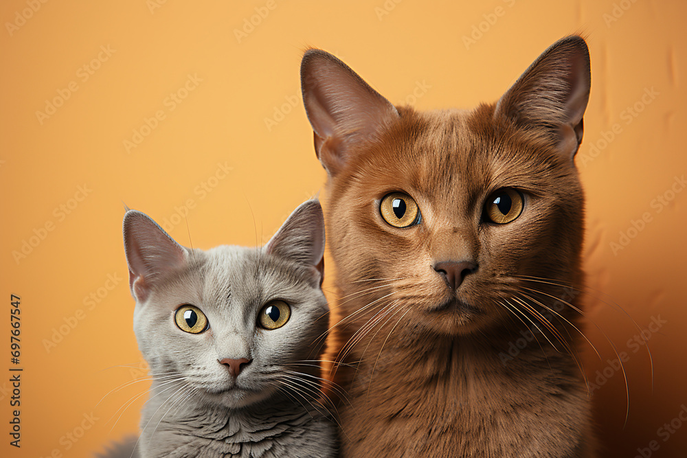 Pair of gray british cats, sitting close to each other on orange background