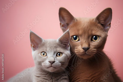 Pair of gray and brown british cats, sitting close to each other on pink background