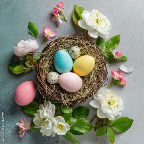 Easter composition with colorful eggs. Spring concept with copy space