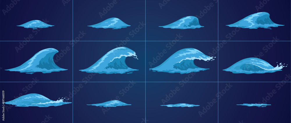 Animation water wave frame set. Water splash for animation and visual effects. Sea or ocean wave with drops or splatters. Cartoon vector illustration