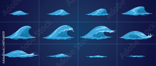 Obraz na płótnie Animation water wave frame set. Water splash for animation and visual effects. Sea or ocean wave with drops or splatters. Cartoon vector illustration w salonie