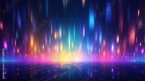 multicolored glints cascade in the cosmic expanse over a shadowy background, abstract multicolored light fall backdrop