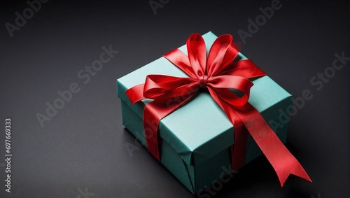 Colorful Gift Box Tied with Red Ribbon, Black Background, Studio Shot, Top View