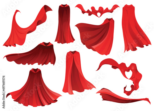 Superhero red cape in different positions, front and side view. Scarlet fabric silk cloak. Mantle costume or cover cartoon vector set