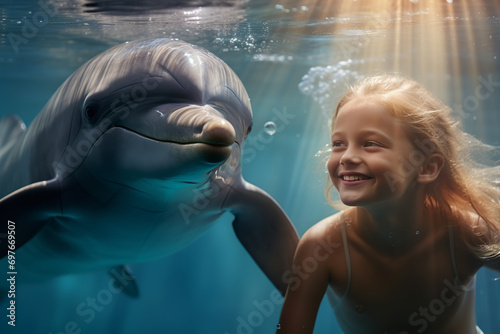 Brown haired beautiful smiling caucasian little girl with dolphins underwater