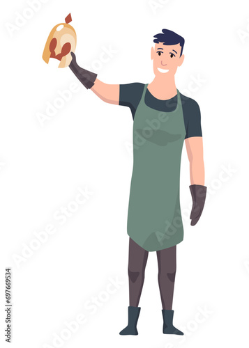 Blacksmith worker. Craftsmanship making steel tools. Character with hammer making goods in foundry workshop. Worker making some items. Vector cartoon person