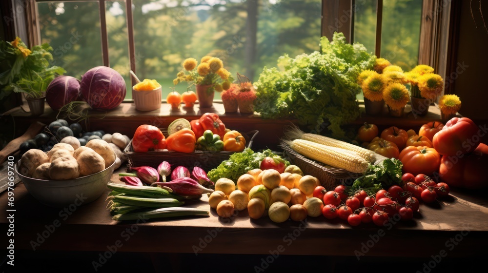 Table with Vegetables Beside the Windows with Sunlight Table with Vegetables Beside the Windows with Sunlight