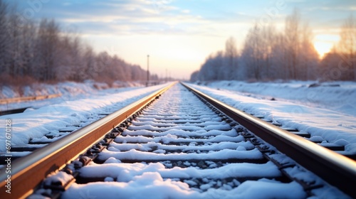 Empty railway tracks in snowy winter landscape