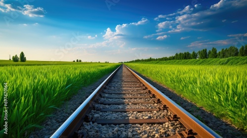 Empty railway tracks in a summer landscape photo