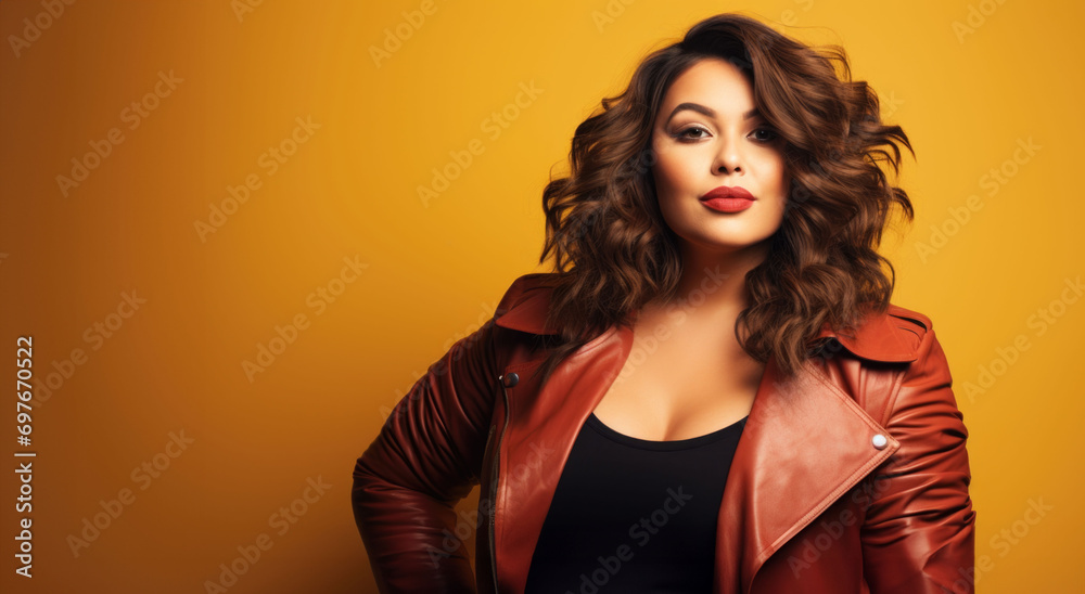 Close up portrait of beautiful overweight or plus size model portrait on an orange background space for copy Close up portrait of beautiful overweight or plus size model portrait on an orange background space for copy