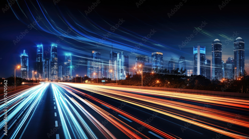 Light flow of traffic on a nighttime highway in a city with modern high buildings