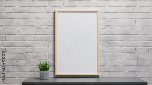 Poster or photography frame mockup on the gray brick wall in a modern home interior with a table and house plant © GulArt