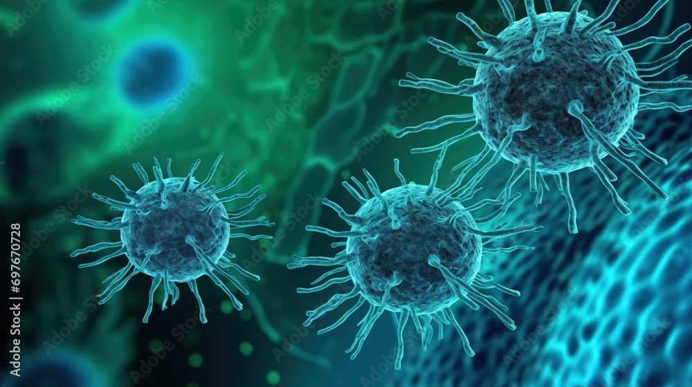 Spherical Viruses, Spike Proteins Amid Abstract Cellular Structures in Blues Spherical Viruses, Spike Proteins Amid Abstract Cellular Structures in Blues