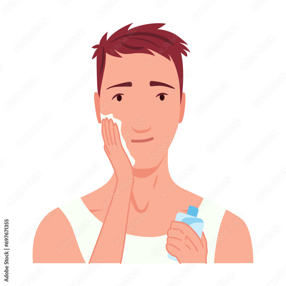 Man shaving. Male character grooming, does personal skincare routine. Cleansed and treated his face action. Flat vector illustration isolated on white background Man shaving. Male character grooming, does personal skincare routine. Cleansed and treated his face action. Flat vector illustration isolated on white background