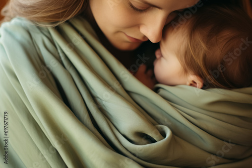 Mother and baby in a sling share a tender moment, faces close together. photo