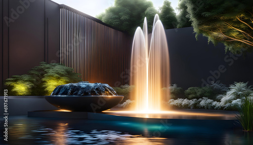 modern design water feature fountain waterfall in the form of a wide banner with copy space, garden landscape design concept,