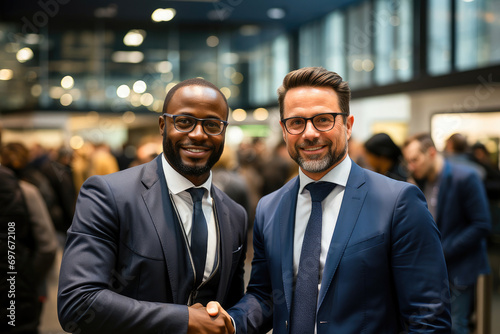 Two smiling businessmen in suits shaking hands at a corporate networking event, exuding professionalism and partnership. photo
