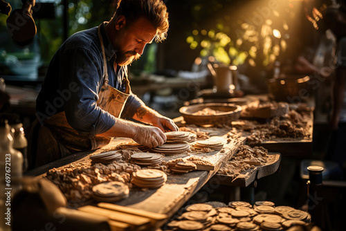 Artisan carpenter carefully shapes wood in a sunlit workshop filled with tools and wood shavings.