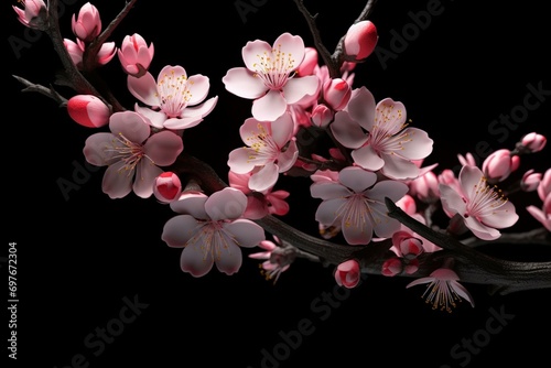 3D rendered blush pink sakura wild flowers on black background. Generative AI