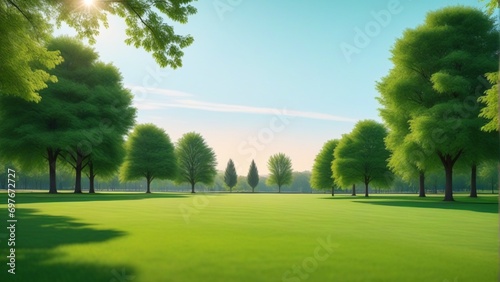 Beautiful morning light in public park with green grass field
