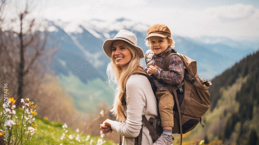 Mother and son hiking in the mountains it Spring