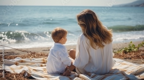 mother and son are relaxing on the beach