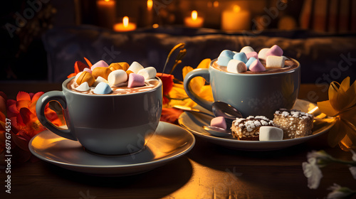 Two cups of hot chocolate, cocoa or warm drink with marshmallows. Neural network AI generated art