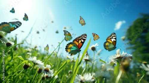 On a patch of green grass there are twelve butterflies
