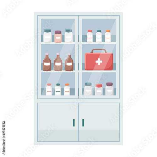 Illustration of medicines on pharmacy shelf