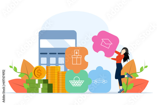 Budget concept, people form a personal expenditure budget by dividing expenditure items. date, finance, personal budget, family money, date, finance, personal budget. Vector illustration.
