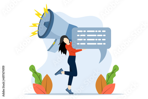 PR manager attracts customers with megaphone. Successful work on the Internet. PR, targeting, marketing concept. target marketing, online advertising in data design, Journalism concept.